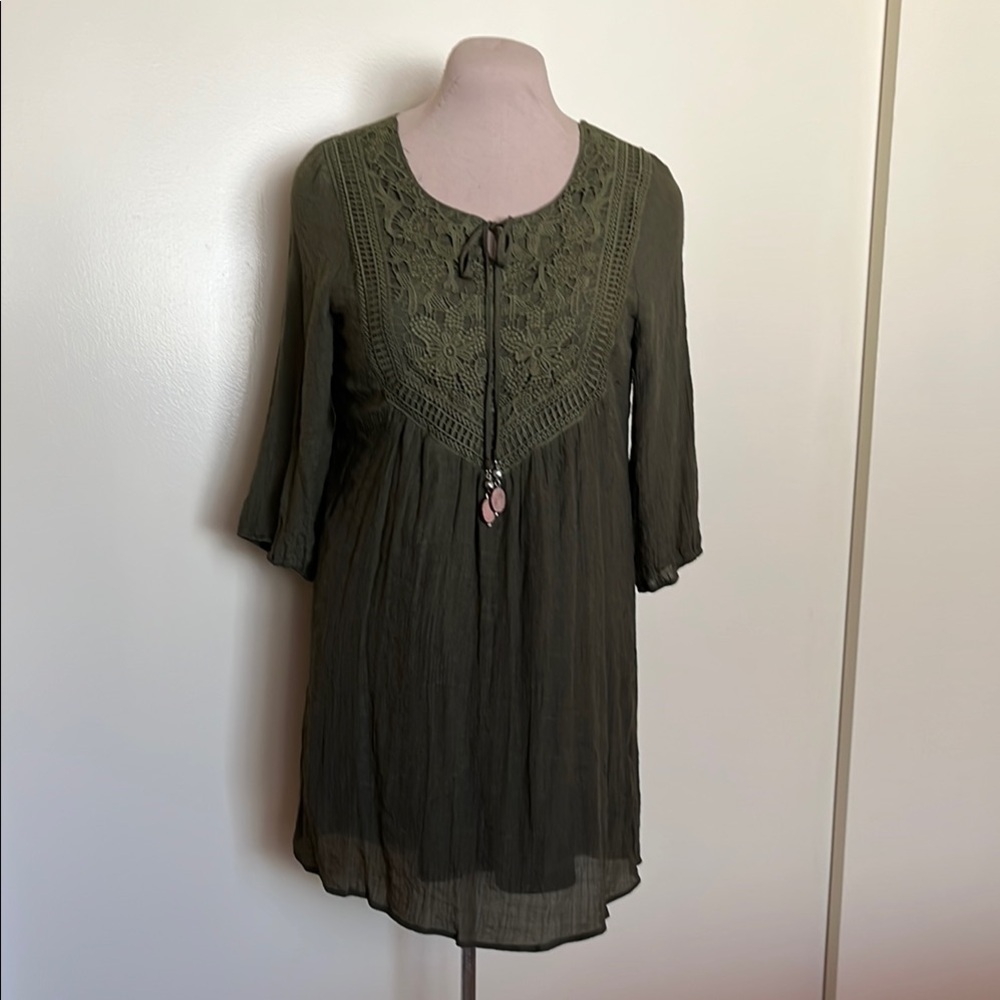 Boho Olive Green Mini Dress w/ Lace Detailing